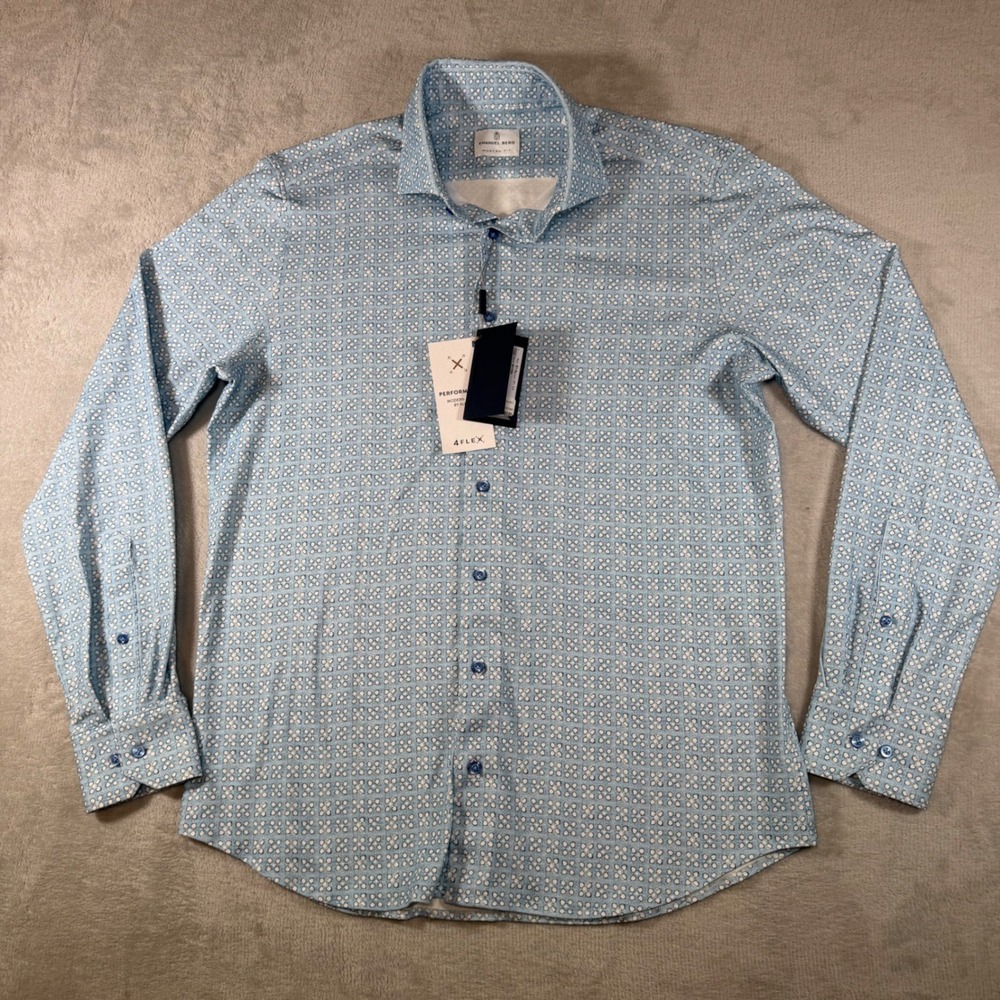 Emanuel Berg Modern Fit 4Flex Blue Geometric Floral Sport Shirt Mens 15.75 M